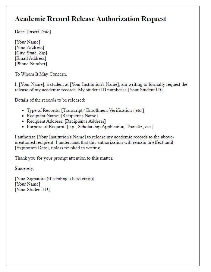 Letter template of Academic Record Release Authorization Request