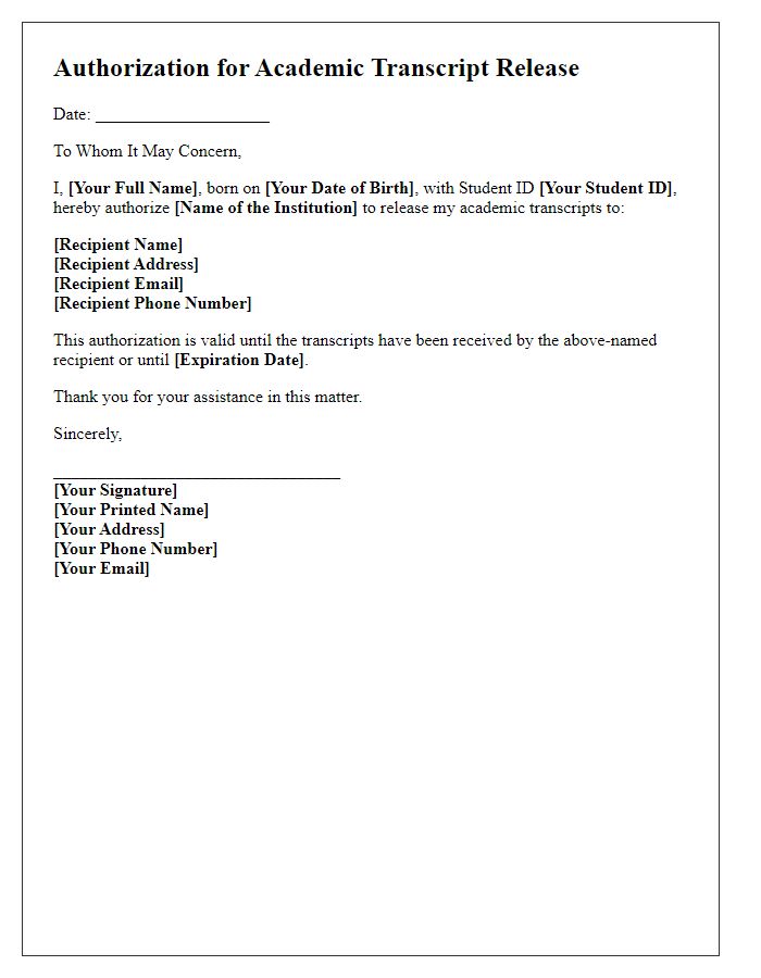 Letter template of Authorization Form for Academic Transcript Release