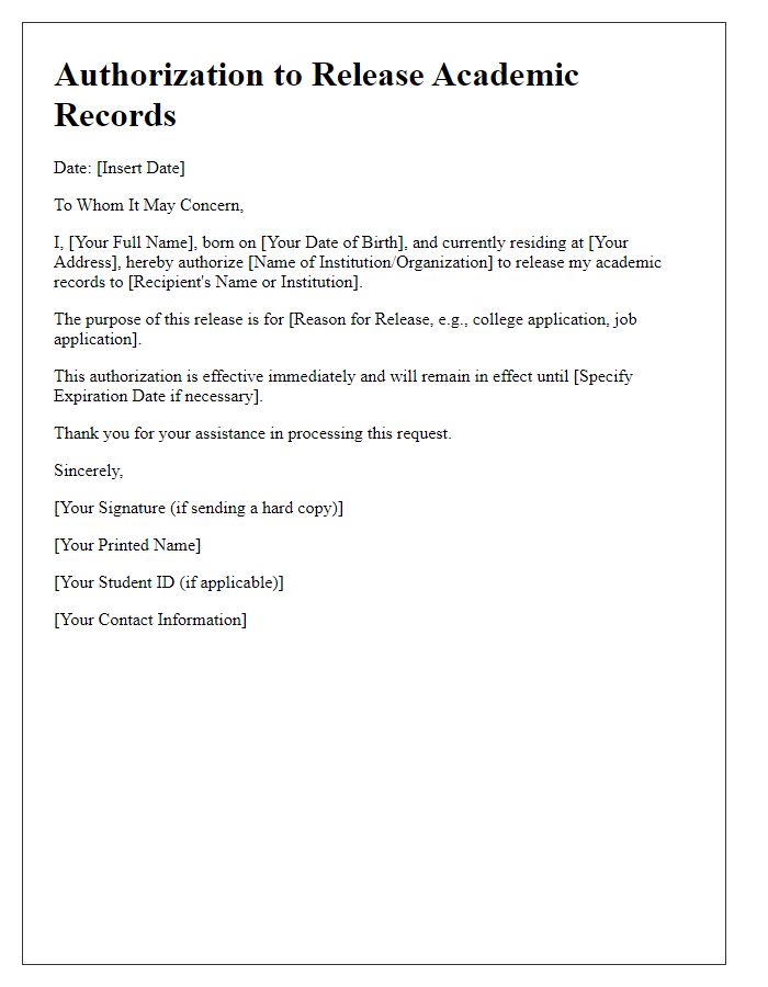 Letter template of Authorization to Release Academic Records