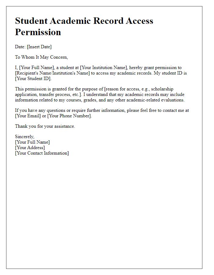 Letter template of Student Academic Record Access Permission