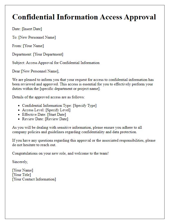 Letter template of confidential information access approval for new personnel