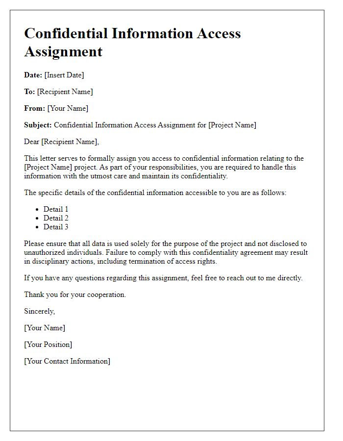 Letter template of confidential information access assignment for specific projects