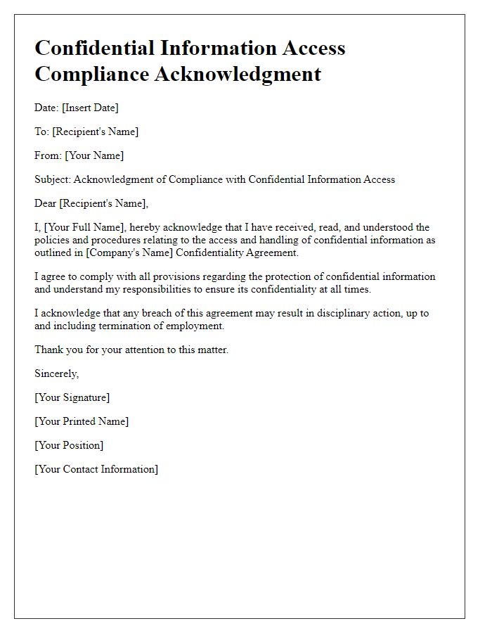 Letter template of confidential information access compliance acknowledgment