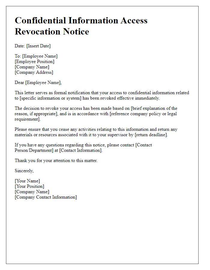 Letter template of confidential information access revocation notice