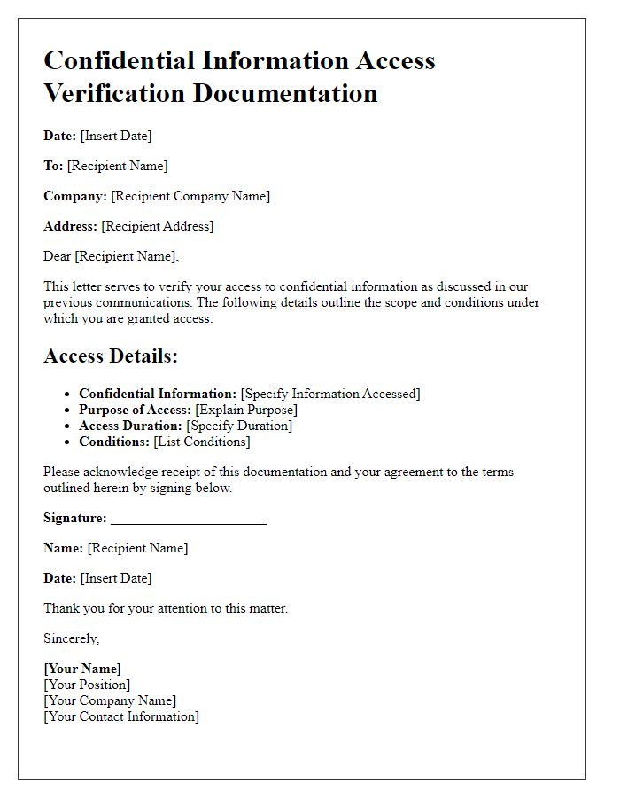 Letter template of confidential information access verification documentation