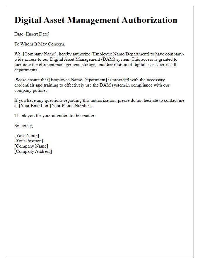 Letter template of digital asset management authorization for company-wide access.