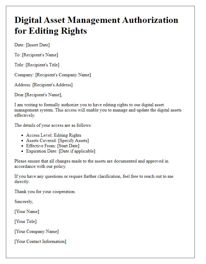 Letter template of digital asset management authorization for editing rights.