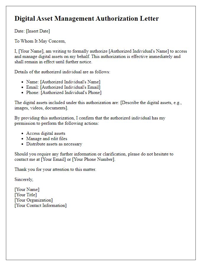 Letter template of digital asset management authorization for individual use.