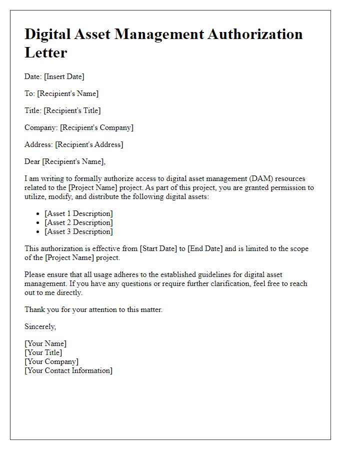 Letter template of digital asset management authorization for project-specific resources.