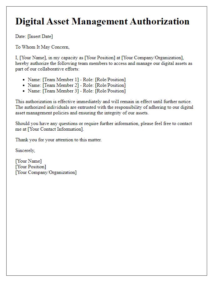 Letter template of digital asset management authorization for team collaboration.