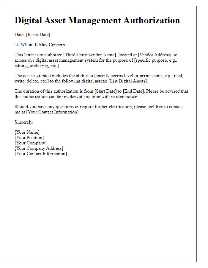 Letter template of digital asset management authorization for third-party vendor access.