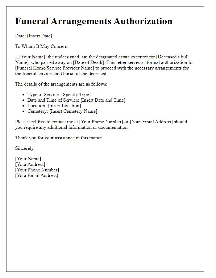 Letter template of funeral arrangements authorization for estate executor.