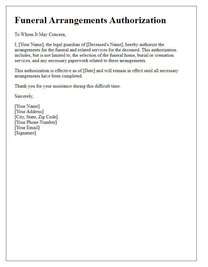 Letter template of funeral arrangements authorization for guardian.