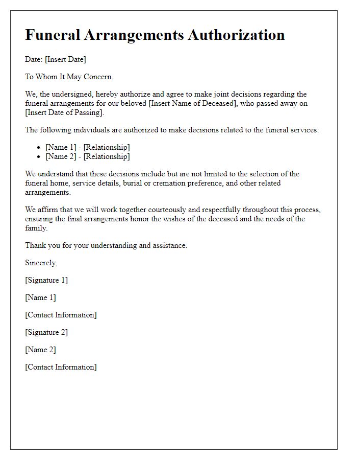 Letter template of funeral arrangements authorization for joint decision-making.