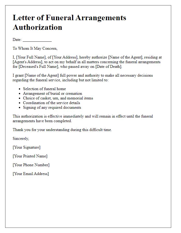 Letter template of funeral arrangements authorization for power of attorney.