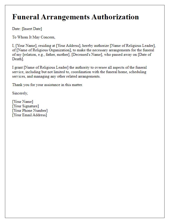 Letter template of funeral arrangements authorization for religious leader.