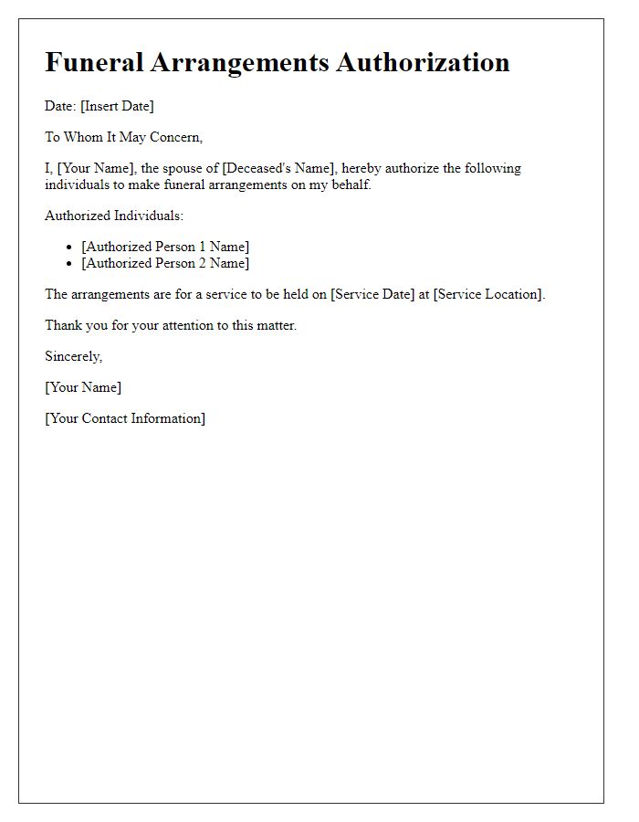 Letter template of funeral arrangements authorization for spouse.