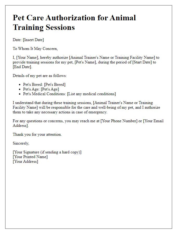 Letter template of pet care authorization for animal training sessions.