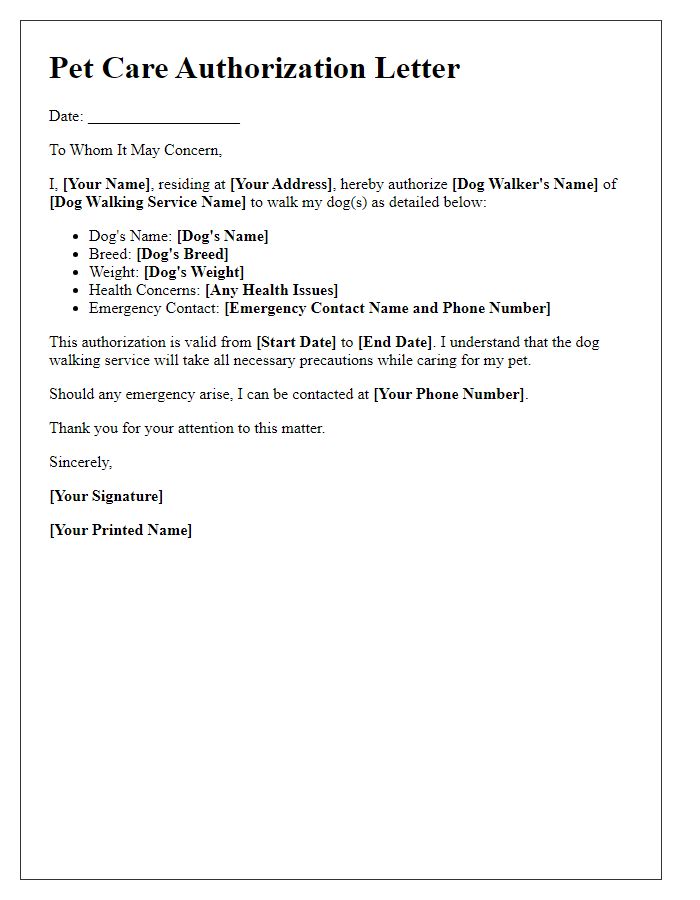 Letter template of pet care authorization for dog walking services.