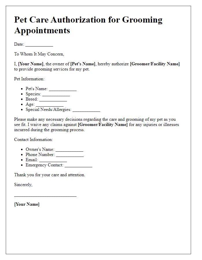 Letter template of pet care authorization for grooming appointments.