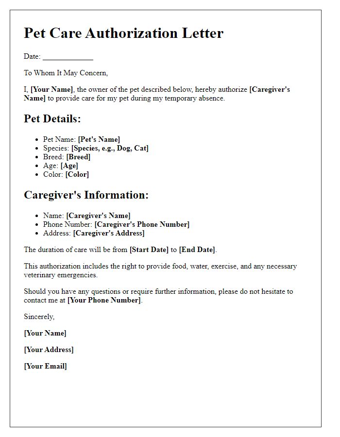 Letter template of pet care authorization for temporary stay.