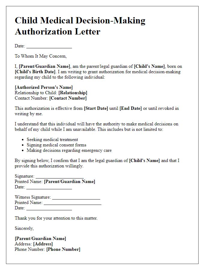 Letter template of child medical decision-making authorization