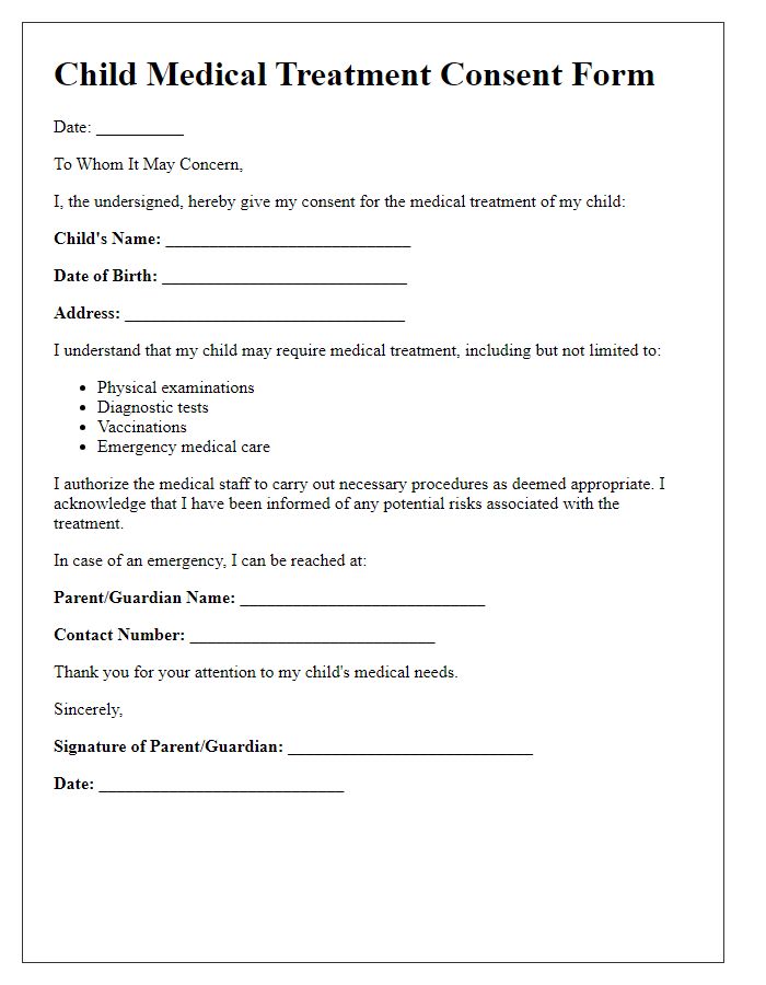 Letter template of child medical treatment consent form