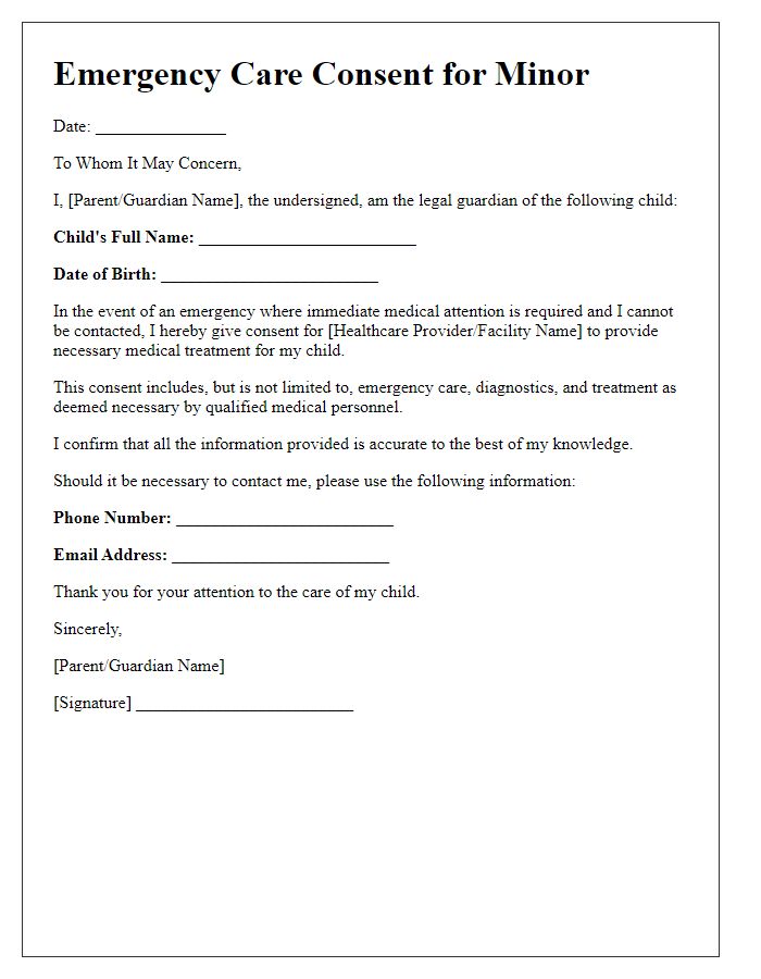 Letter template of emergency care consent for child