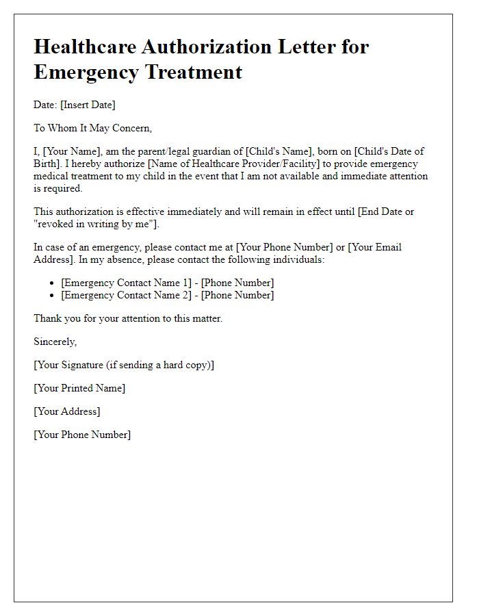 Letter template of healthcare authorization for child in emergencies