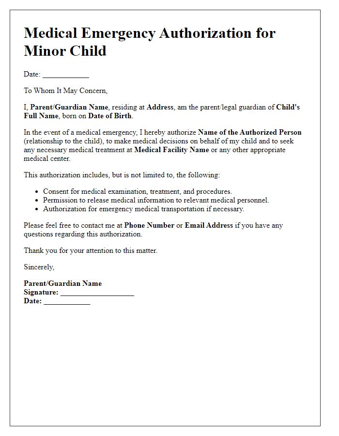 Letter template of medical emergency authorization for minor child