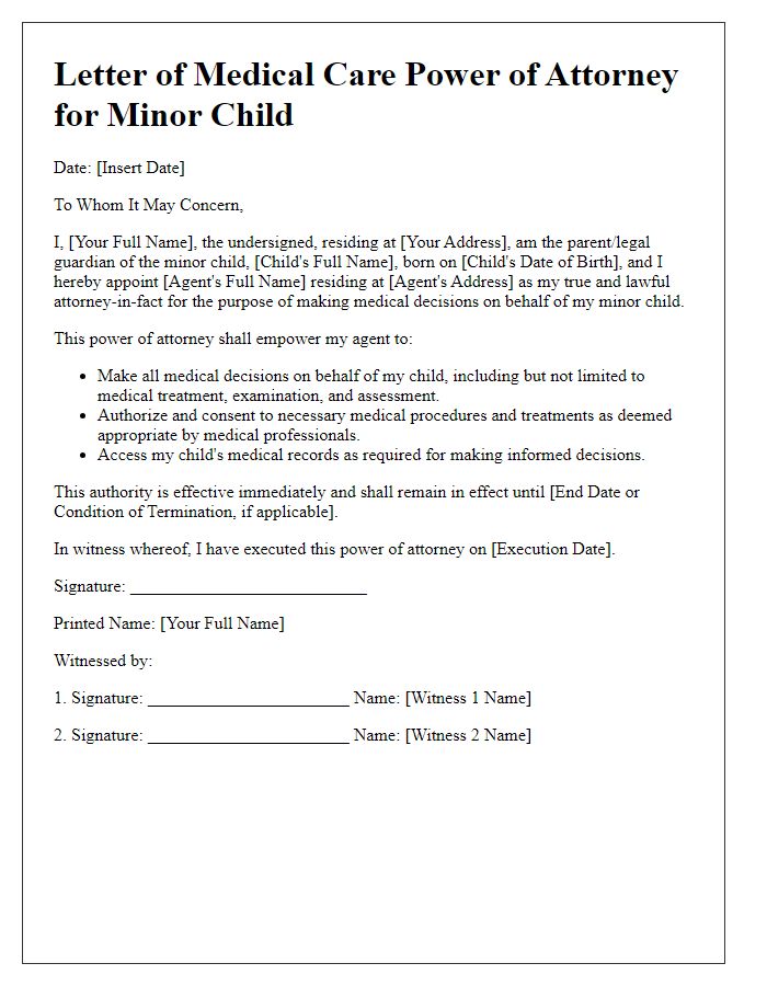 Letter template of minor child medical care power of attorney