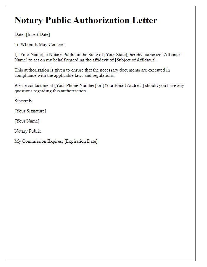 Letter template of notary public authorization for affidavit