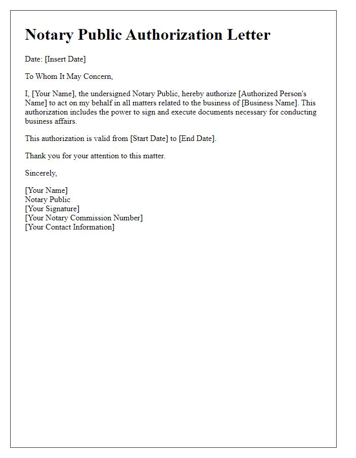 Letter template of notary public authorization for business purposes