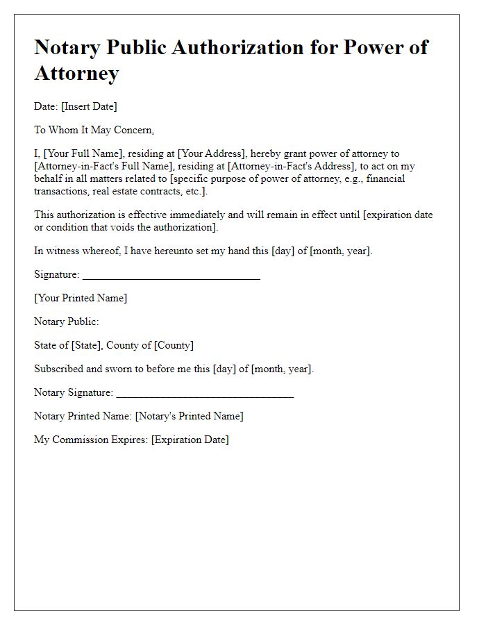 Letter template of notary public authorization for power of attorney