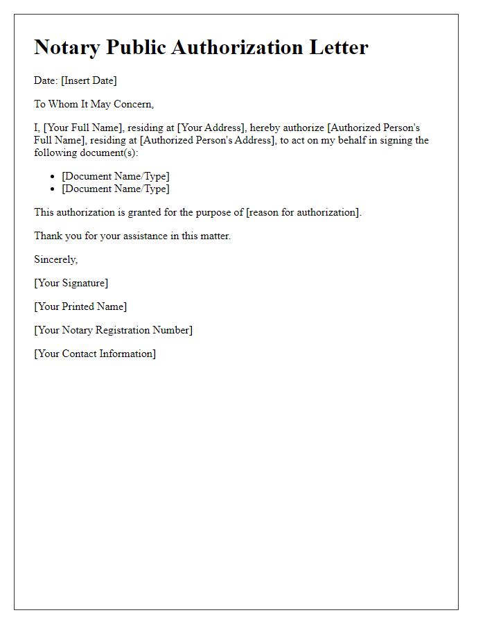 Letter template of notary public authorization for signature