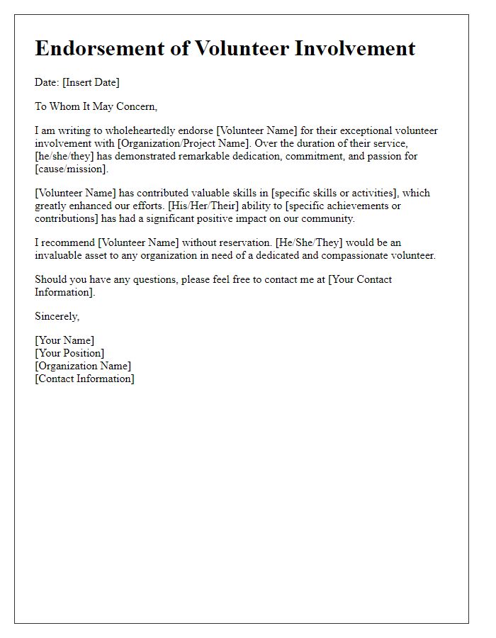 Letter template of volunteer involvement endorsement