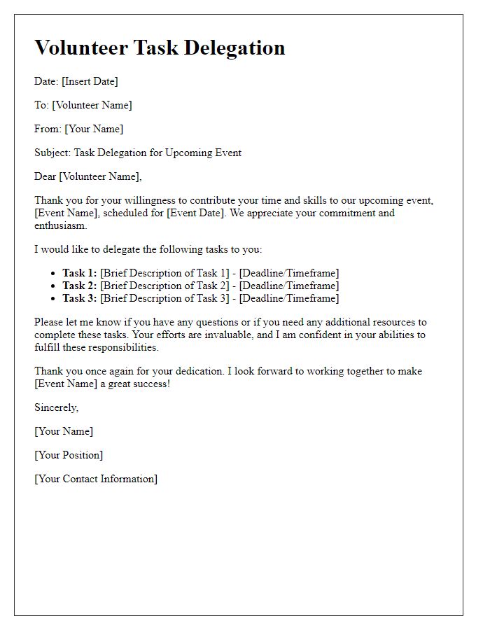 Letter template of volunteer task delegation