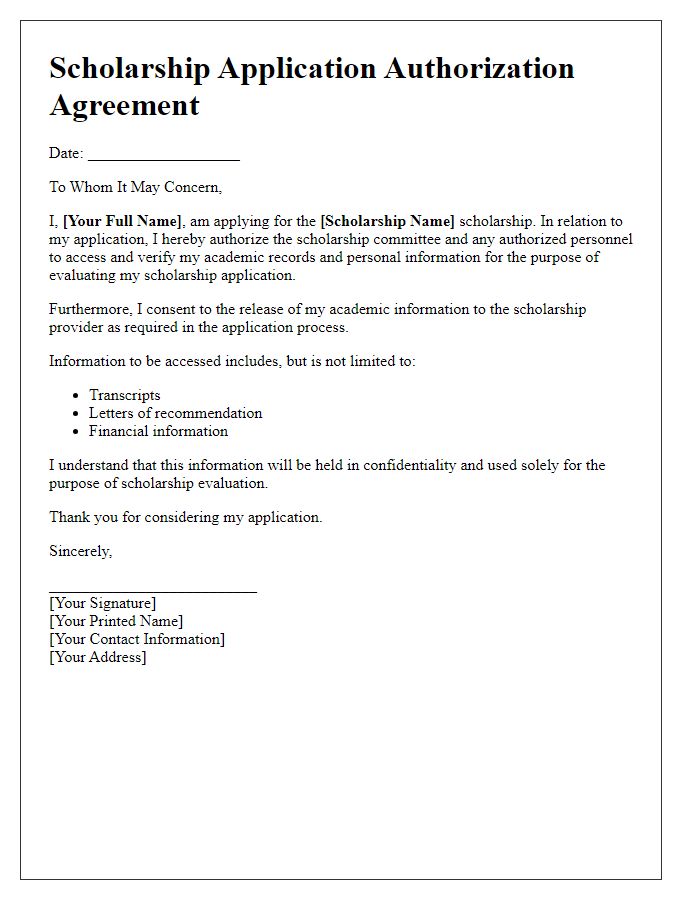 Letter template of scholarship application authorization agreement