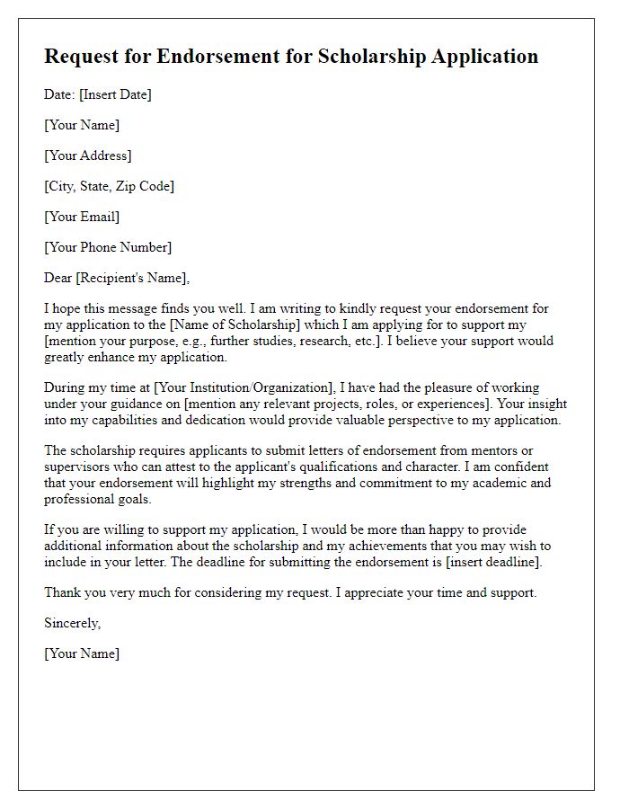 Letter template of scholarship application endorsement request