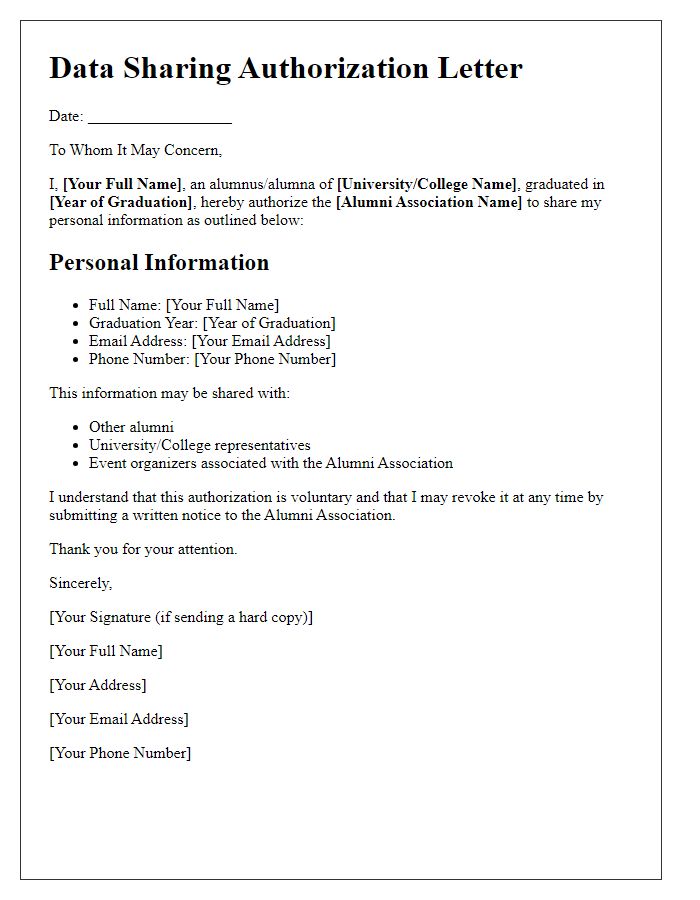 Letter template of alumni association data sharing authorization