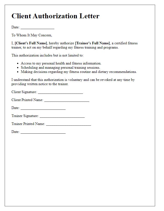 Letter template of fitness trainer client authorization