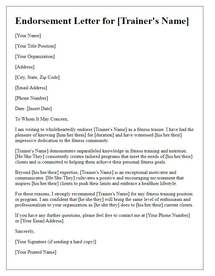 Letter template of fitness trainer endorsement letter