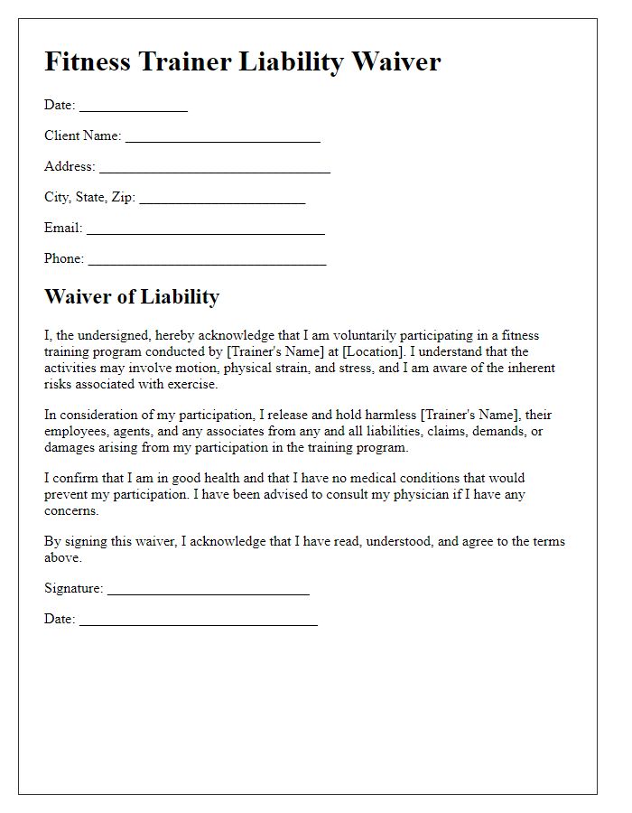 Letter template of fitness trainer liability waiver