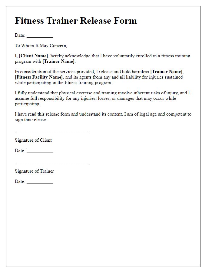 Letter template of fitness trainer release form