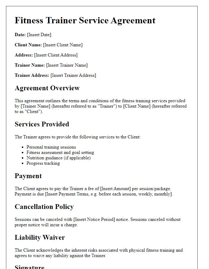 Letter template of fitness trainer service agreement