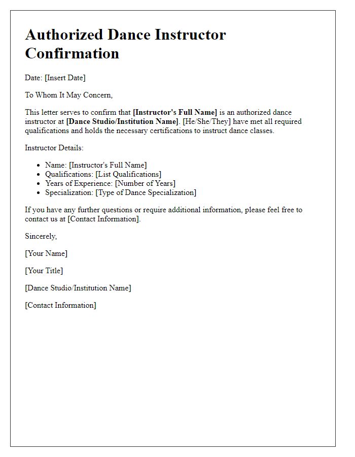 Letter template of Authorized Dance Instructor Confirmation