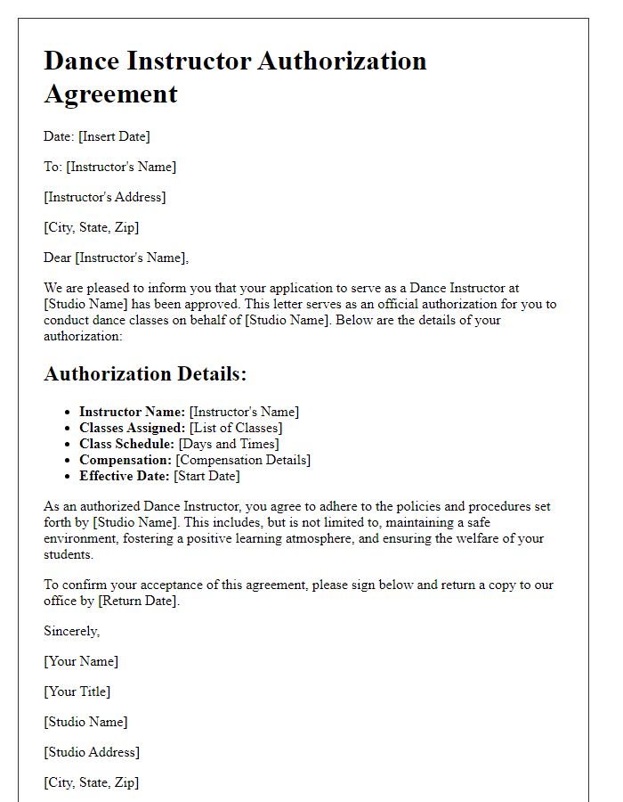 Letter template of Dance Instructor Authorization Agreement