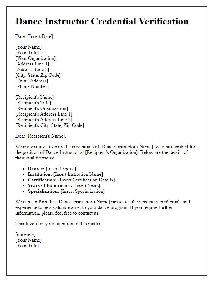 Letter template of Dance Instructor Credential Verification