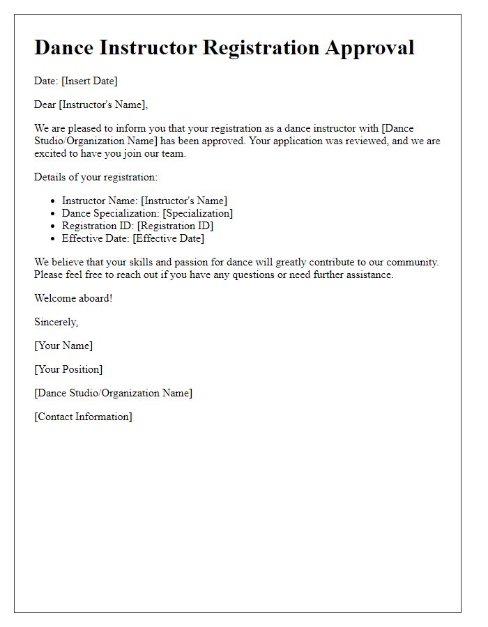 Letter template of Dance Instructor Registration Approval