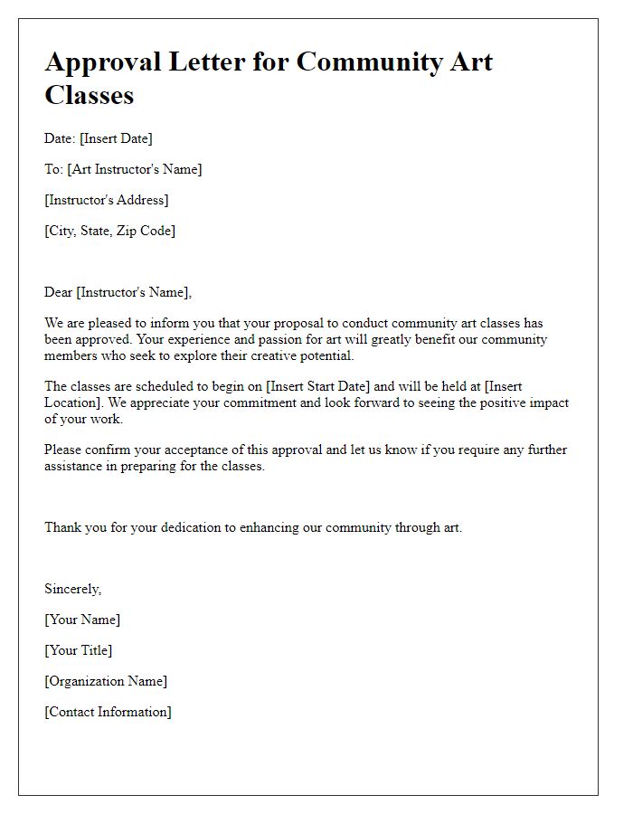 Letter template of approval for art instructor to conduct community classes.